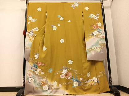 平和屋着物●豪華振袖　駒刺繍　折り鶴　糸巻花文　暈し染め　金彩　正絹　逸品　AABK3265ph