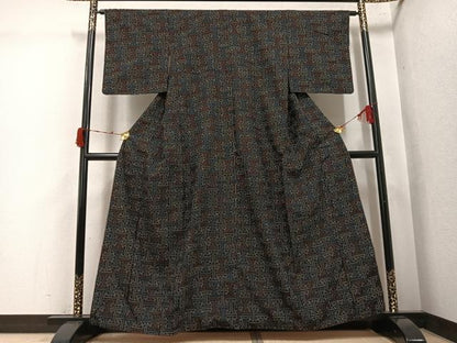 平和屋着物●上質な紬　秋名バラ柄　黒地　正絹　逸品　AABK3289ph