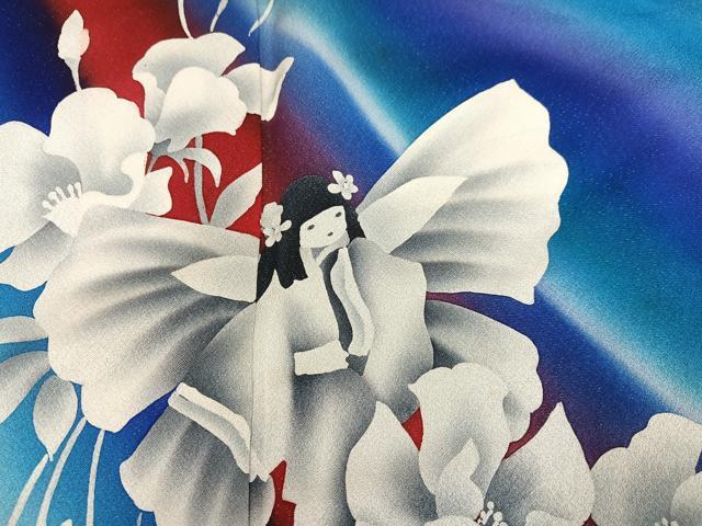平和屋着物●絵本作家　永田萌　振袖　女人花文　暈し染め　ラメ　正絹　逸品　AABK3290ph