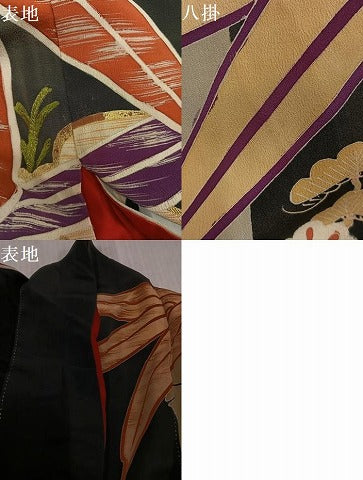 平和屋本店●アンティーク　大正ロマン　振袖　駒刺繍　松竹梅文　黒地　金彩　正絹　逸品　AABK3291ph