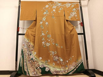 平和屋着物●訪問着　駒刺繍　枝花文　暈し染め　金彩　正絹　逸品　AABK3292ph