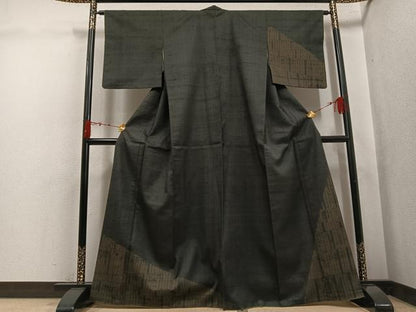 平和屋着物●訪問着　紬地　幾何学文様　黒地　正絹　逸品　AABK3304ph