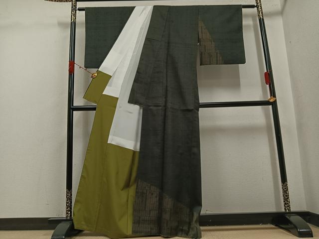 平和屋着物○訪問着 紬地 幾何学文様 黒地 正絹 逸品 AABK3304ph