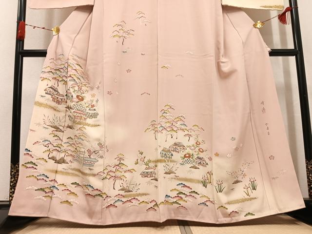 平和屋着物●訪問着　作家物　松竹梅風景文　暈し染め　金彩　正絹　逸品　AABK3306ph