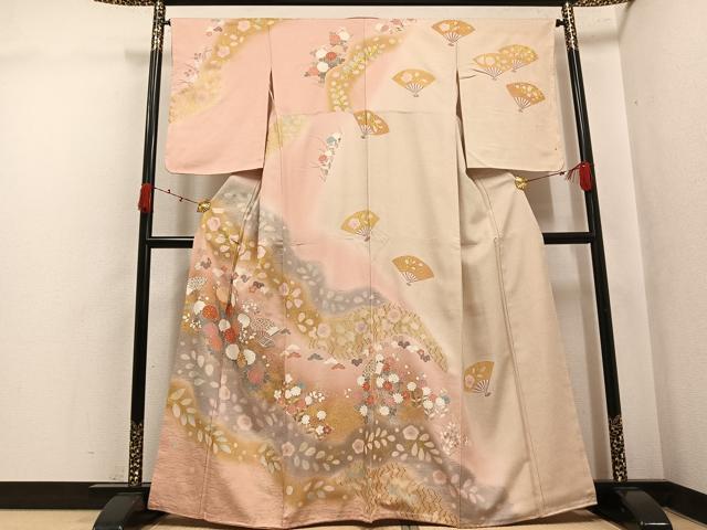 平和屋着物●訪問着　駒刺繍　扇面草花文　暈し染め　金彩　正絹　逸品　AABK3309ph
