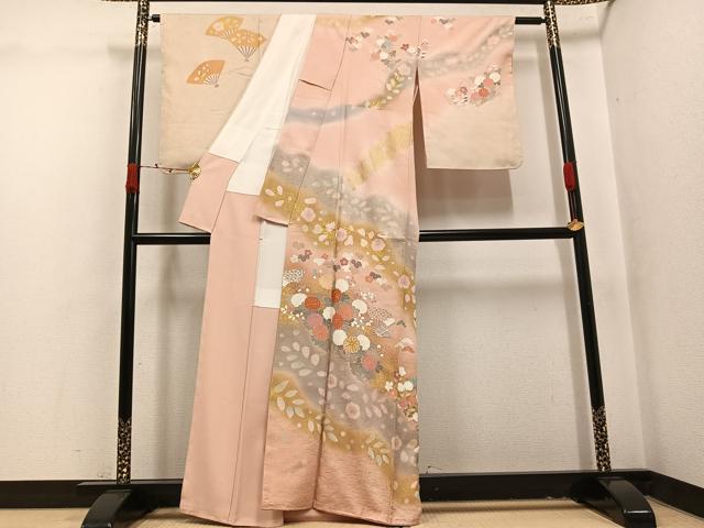 平和屋着物●訪問着　駒刺繍　扇面草花文　暈し染め　金彩　正絹　逸品　AABK3309ph