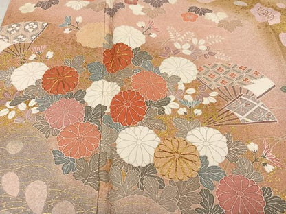 平和屋着物●訪問着　駒刺繍　扇面草花文　暈し染め　金彩　正絹　逸品　AABK3309ph