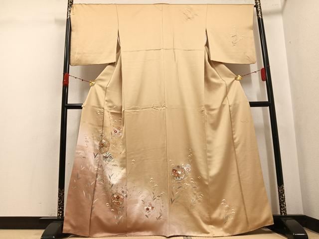 平和屋着物●訪問着　駒刺繍　雪輪草花文　暈し染め　金彩　正絹　逸品　AABK3315ph