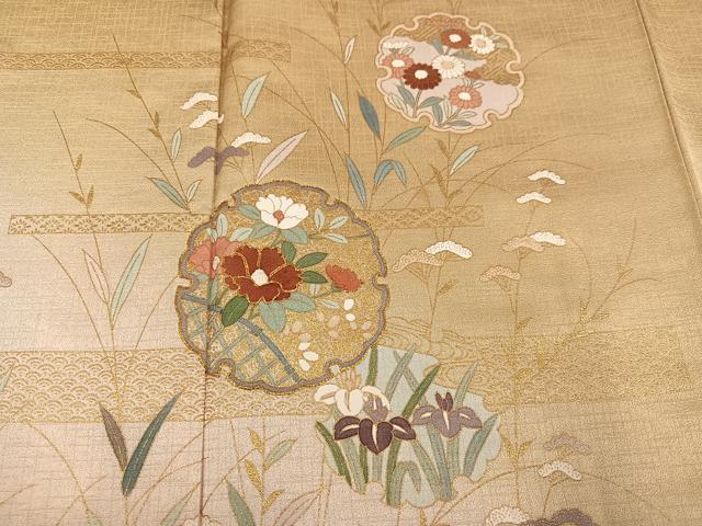 平和屋着物●訪問着　駒刺繍　雪輪草花文　暈し染め　金彩　正絹　逸品　AABK3315ph