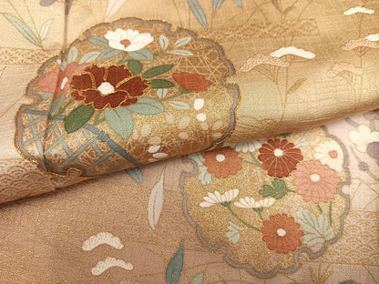 平和屋着物●訪問着　駒刺繍　雪輪草花文　暈し染め　金彩　正絹　逸品　AABK3315ph