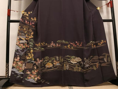 平和屋着物●訪問着　竹屋町刺繍　風景草花文　金彩　正絹　逸品　AABK3317ph