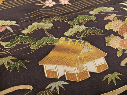平和屋着物●訪問着　竹屋町刺繍　風景草花文　金彩　正絹　逸品　AABK3317ph