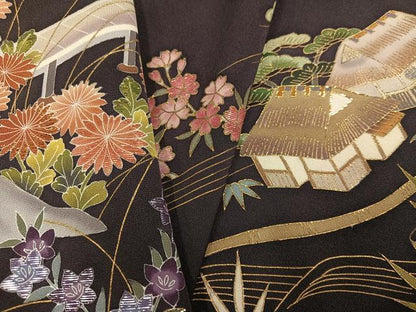 平和屋着物●訪問着　竹屋町刺繍　風景草花文　金彩　正絹　逸品　AABK3317ph