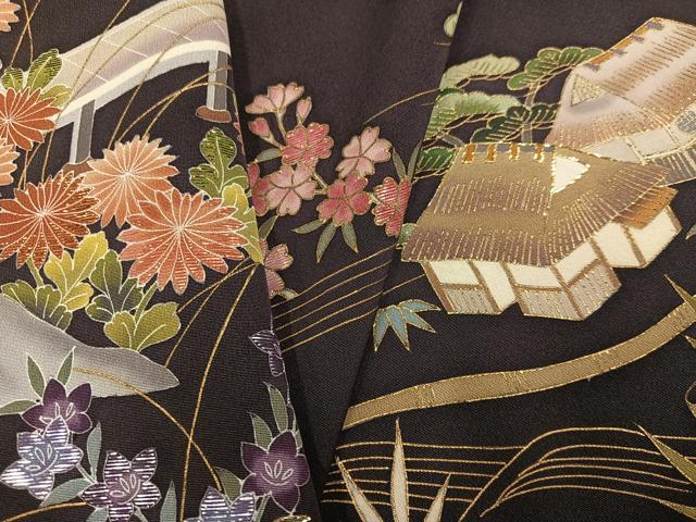 平和屋着物●訪問着　竹屋町刺繍　風景草花文　金彩　正絹　逸品　AABK3317ph