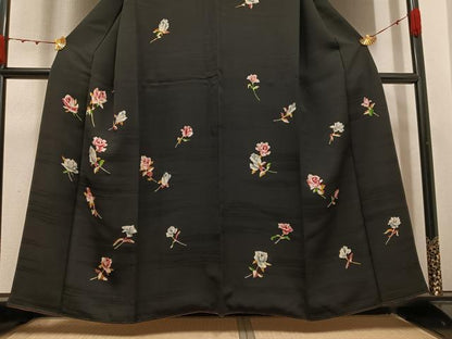 平和屋着物●訪問着　草花文　黒地　正絹　逸品　AABK3318ph