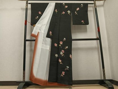 平和屋着物●訪問着　草花文　黒地　正絹　逸品　AABK3318ph