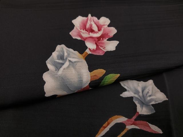 平和屋着物●訪問着　草花文　黒地　正絹　逸品　AABK3318ph