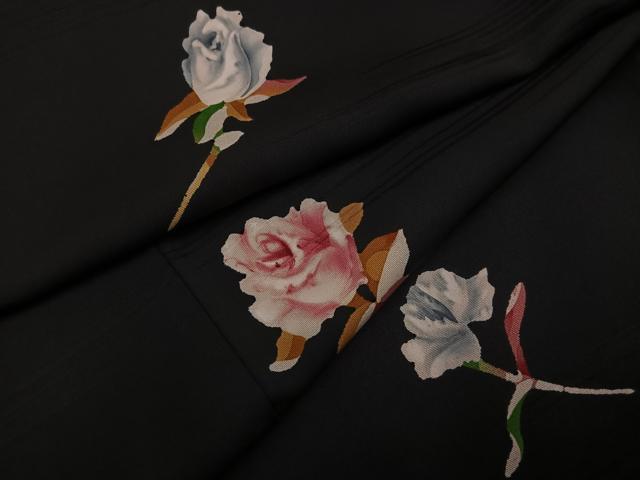 平和屋着物●訪問着　草花文　黒地　正絹　逸品　AABK3318ph