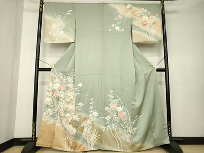 平和屋着物●訪問着　駒刺繍　草花文　暈し染め　金彩　正絹　逸品　AABK3326ck