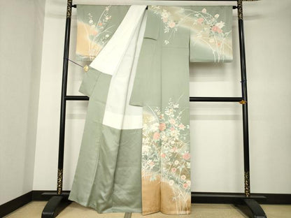 平和屋着物●訪問着　駒刺繍　草花文　暈し染め　金彩　正絹　逸品　AABK3326ck