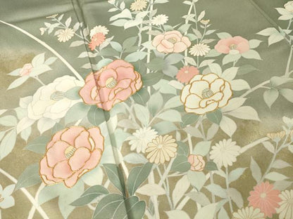 平和屋着物●訪問着　駒刺繍　草花文　暈し染め　金彩　正絹　逸品　AABK3326ck