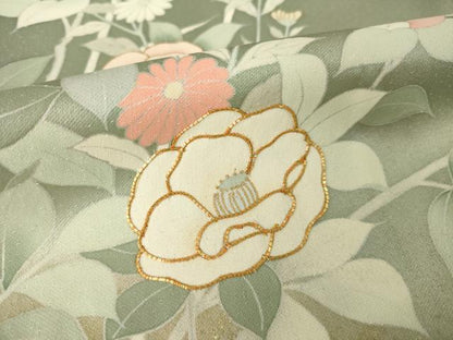 平和屋着物●訪問着　駒刺繍　草花文　暈し染め　金彩　正絹　逸品　AABK3326ck