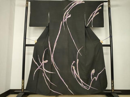 平和屋着物●訪問着　幾何学文様　黒地　金彩　正絹　逸品　AABK3327ck