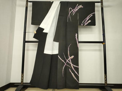 平和屋着物●訪問着　幾何学文様　黒地　金彩　正絹　逸品　AABK3327ck