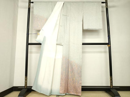 平和屋着物●訪問着　杢目絞り　草花文　正絹　逸品　AABK3331ck
