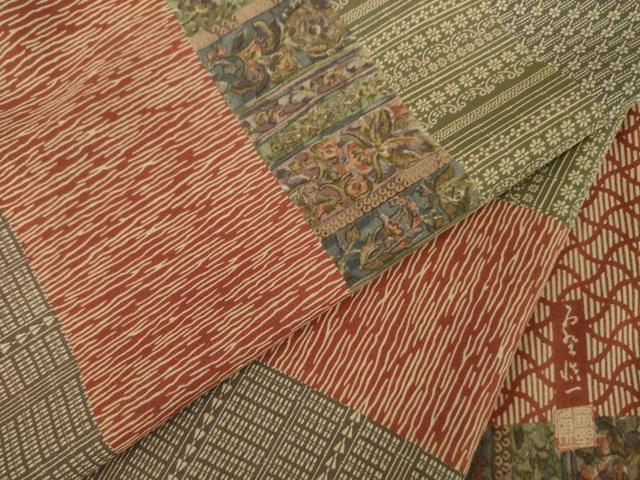 平和屋着物●訪問着　作家物　横段更紗文　正絹　逸品　AABK3338ck
