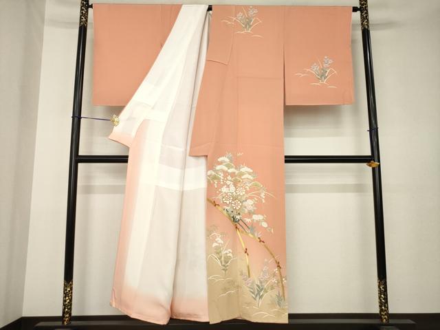平和屋着物●訪問着　駒刺繍　花車文　暈し染め　金彩　反端付き　正絹　逸品　AABK3341ck