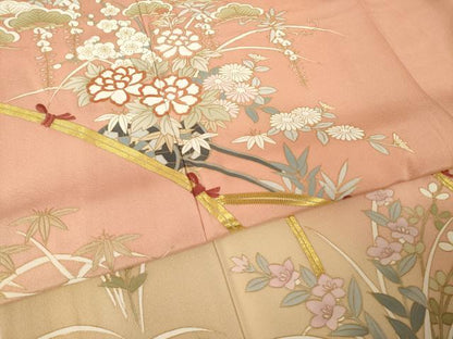 平和屋着物●訪問着　駒刺繍　花車文　暈し染め　金彩　反端付き　正絹　逸品　AABK3341ck