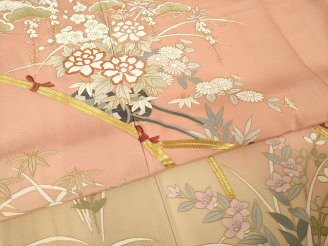 平和屋着物●訪問着　駒刺繍　花車文　暈し染め　金彩　反端付き　正絹　逸品　AABK3341ck