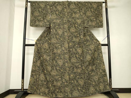 平和屋着物●上質な小紋　紬地　型染め　更紗花文　正絹　逸品　未使用　AABK3350ck