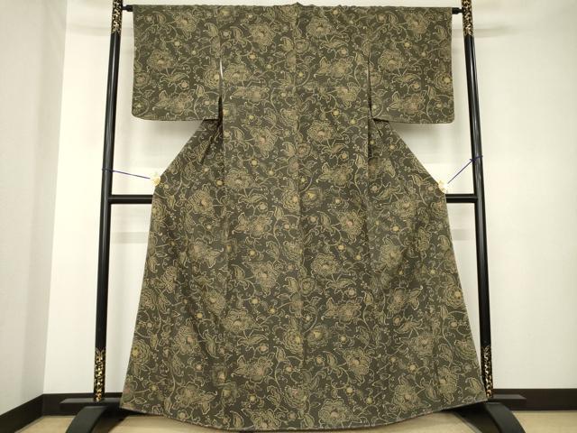 平和屋着物●上質な小紋　紬地　型染め　更紗花文　正絹　逸品　未使用　AABK3350ck
