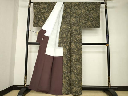 平和屋着物●上質な小紋　紬地　型染め　更紗花文　正絹　逸品　未使用　AABK3350ck