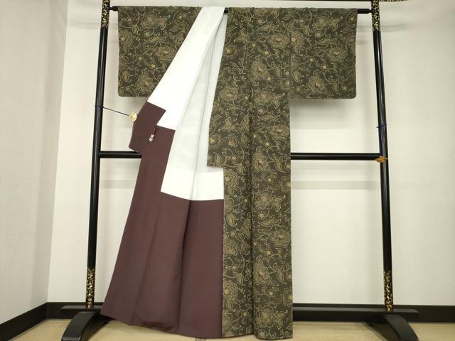 平和屋着物●上質な小紋　紬地　型染め　更紗花文　正絹　逸品　未使用　AABK3350ck