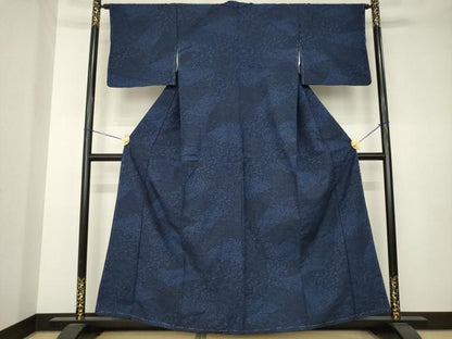 平和屋着物●上質な小紋　紬地　型染め　藍　花唐草文　正絹　逸品　AABK3351ck