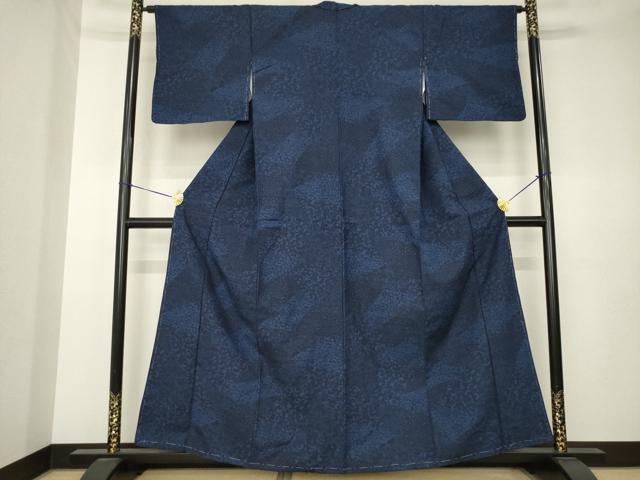 平和屋着物●上質な小紋　紬地　型染め　藍　花唐草文　正絹　逸品　AABK3351ck