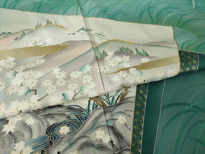 平和屋着物●訪問着　作家物　駒刺繍　遠山流水文　正絹　逸品　AABK3364ck