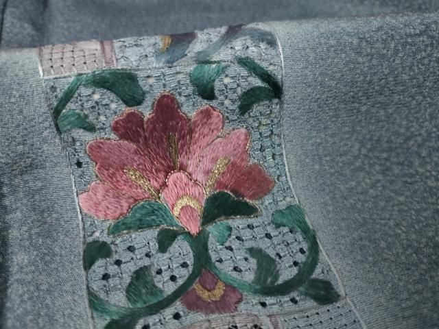 平和屋着物●伝統工芸士　山本富男　訪問着　総刺繍　中国三大刺繍　スワトウ刺繍　汕頭刺繍　短冊更紗花文　正絹　逸品　AABK3369ck