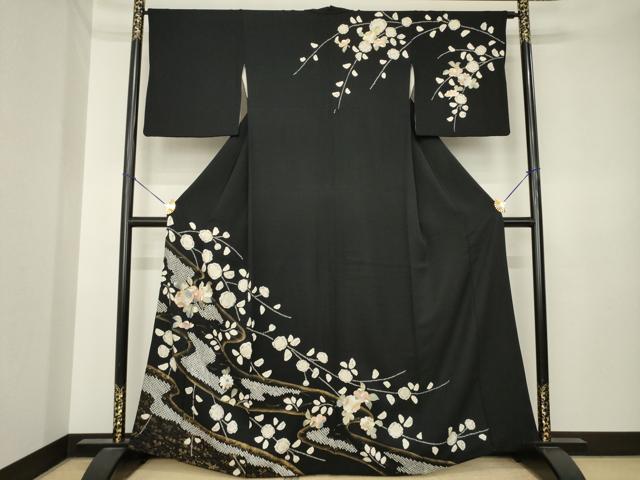 平和屋着物●訪問着　辻が花　流水花文　黒地　金彩　正絹　逸品　AABK3383ck