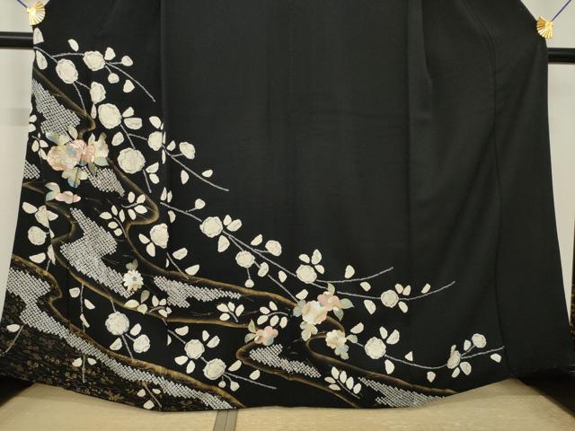 平和屋着物●訪問着　辻が花　流水花文　黒地　金彩　正絹　逸品　AABK3383ck