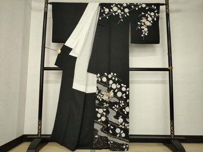 平和屋着物●訪問着　辻が花　流水花文　黒地　金彩　正絹　逸品　AABK3383ck