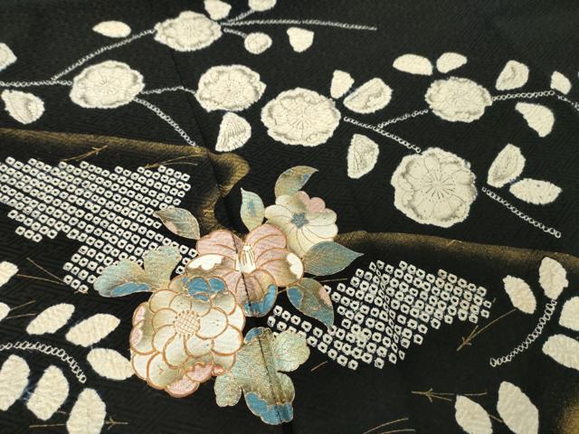 平和屋着物●訪問着　辻が花　流水花文　黒地　金彩　正絹　逸品　AABK3383ck