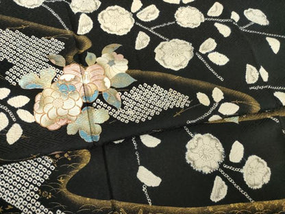 平和屋着物●訪問着　辻が花　流水花文　黒地　金彩　正絹　逸品　AABK3383ck