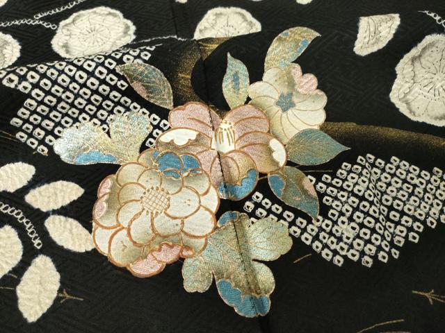 平和屋着物●訪問着　辻が花　流水花文　黒地　金彩　正絹　逸品　AABK3383ck