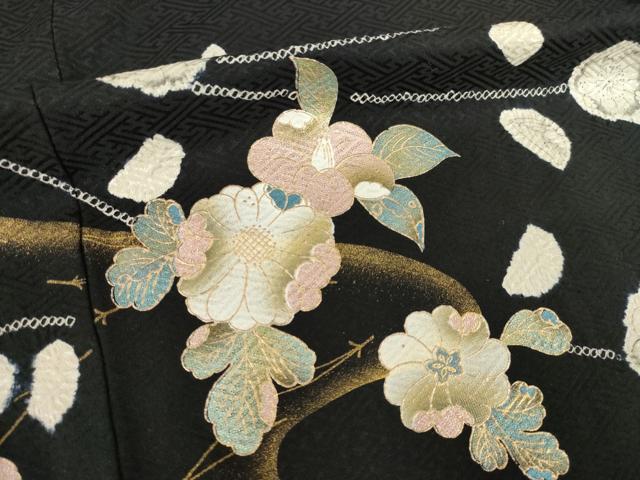 平和屋着物●訪問着　辻が花　流水花文　黒地　金彩　正絹　逸品　AABK3383ck