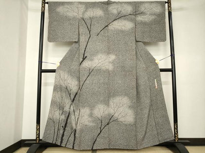 平和屋着物●二代目 川村久太郎　訪問着　樹林文　たたき染め　黒地　正絹　逸品　AABK3384ck