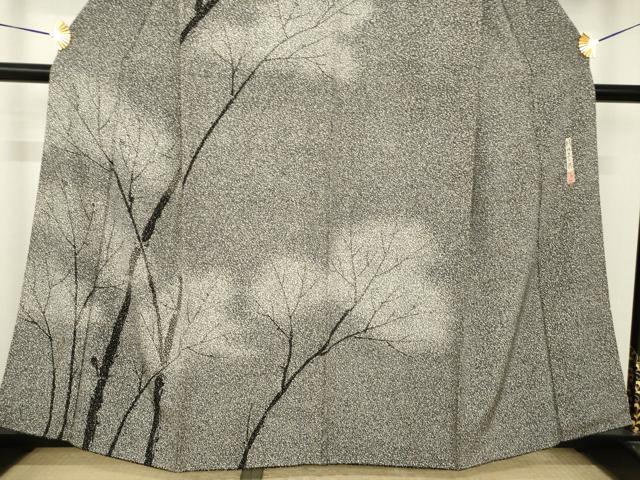 平和屋着物●二代目 川村久太郎　訪問着　樹林文　たたき染め　黒地　正絹　逸品　AABK3384ck